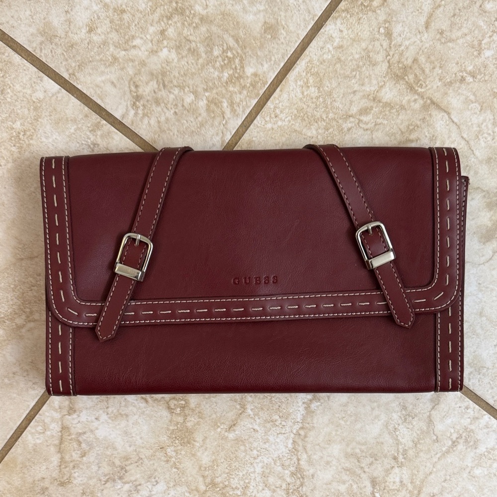 Guess Maroon Leather Clutch with Buckle Detail